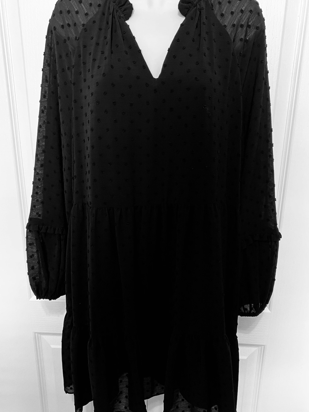 CeCe Black Long-Sleeve Swiss Dot V-Neck Dress